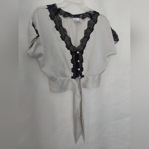 Willow Blossom Silk Grey Blouse with Black Lace Trim Size M